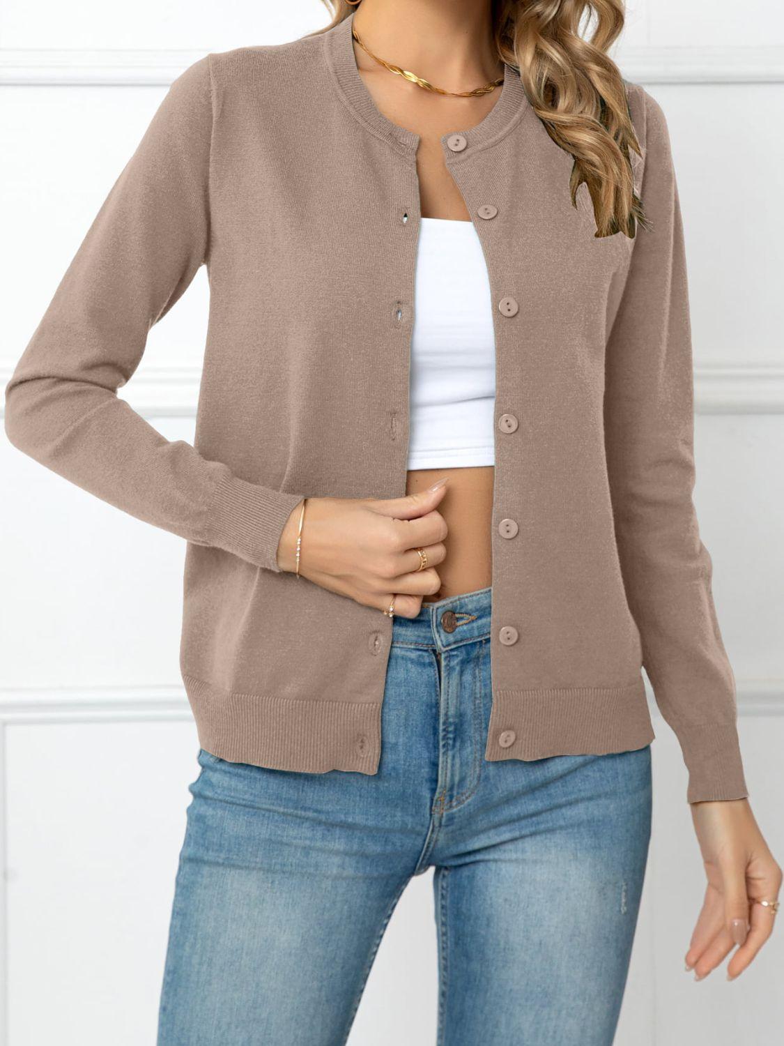 Button Down Round Neck Cardigan - Cardigan