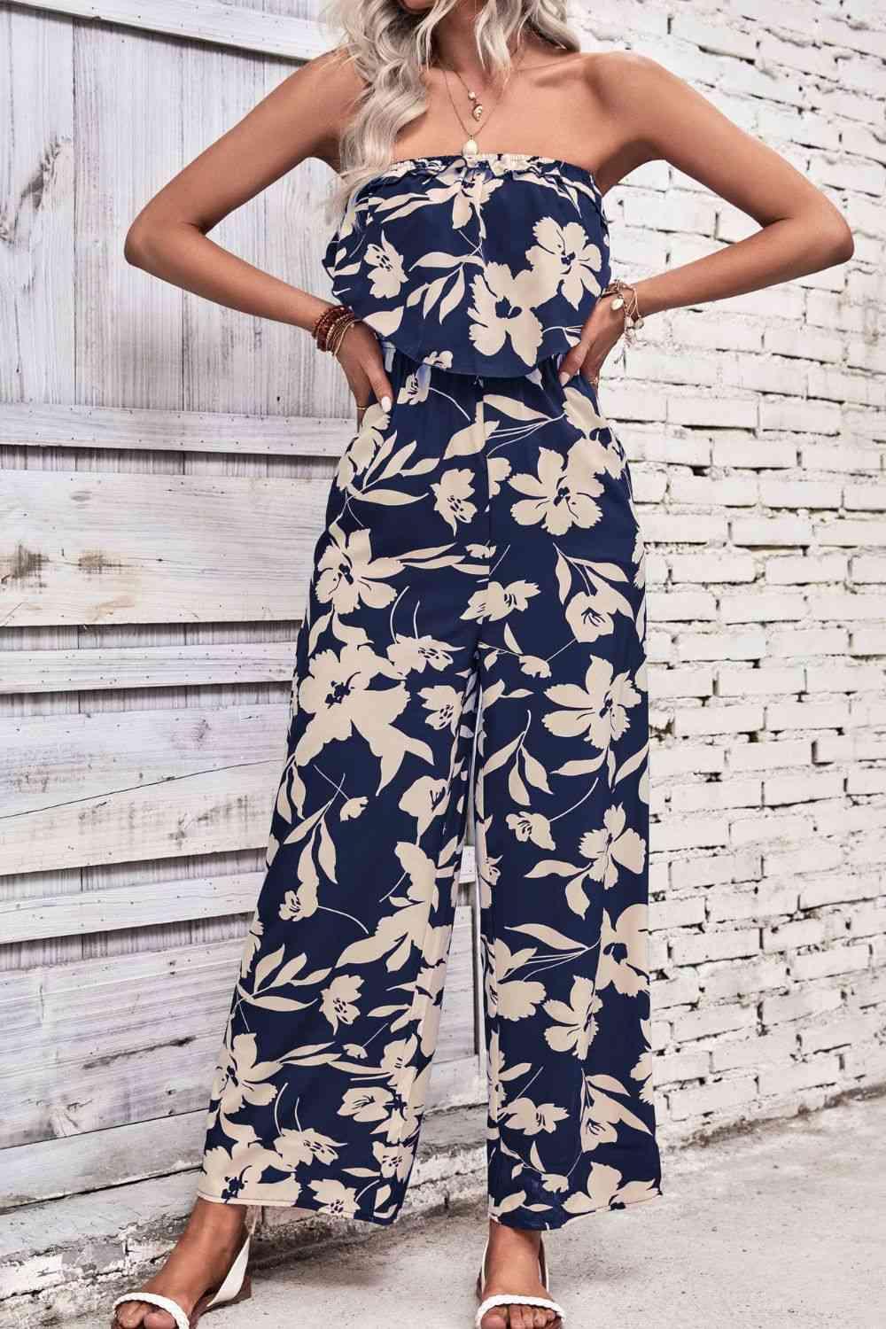 Floral Strapless Wide Leg Jumpsuit - Jumpsuit