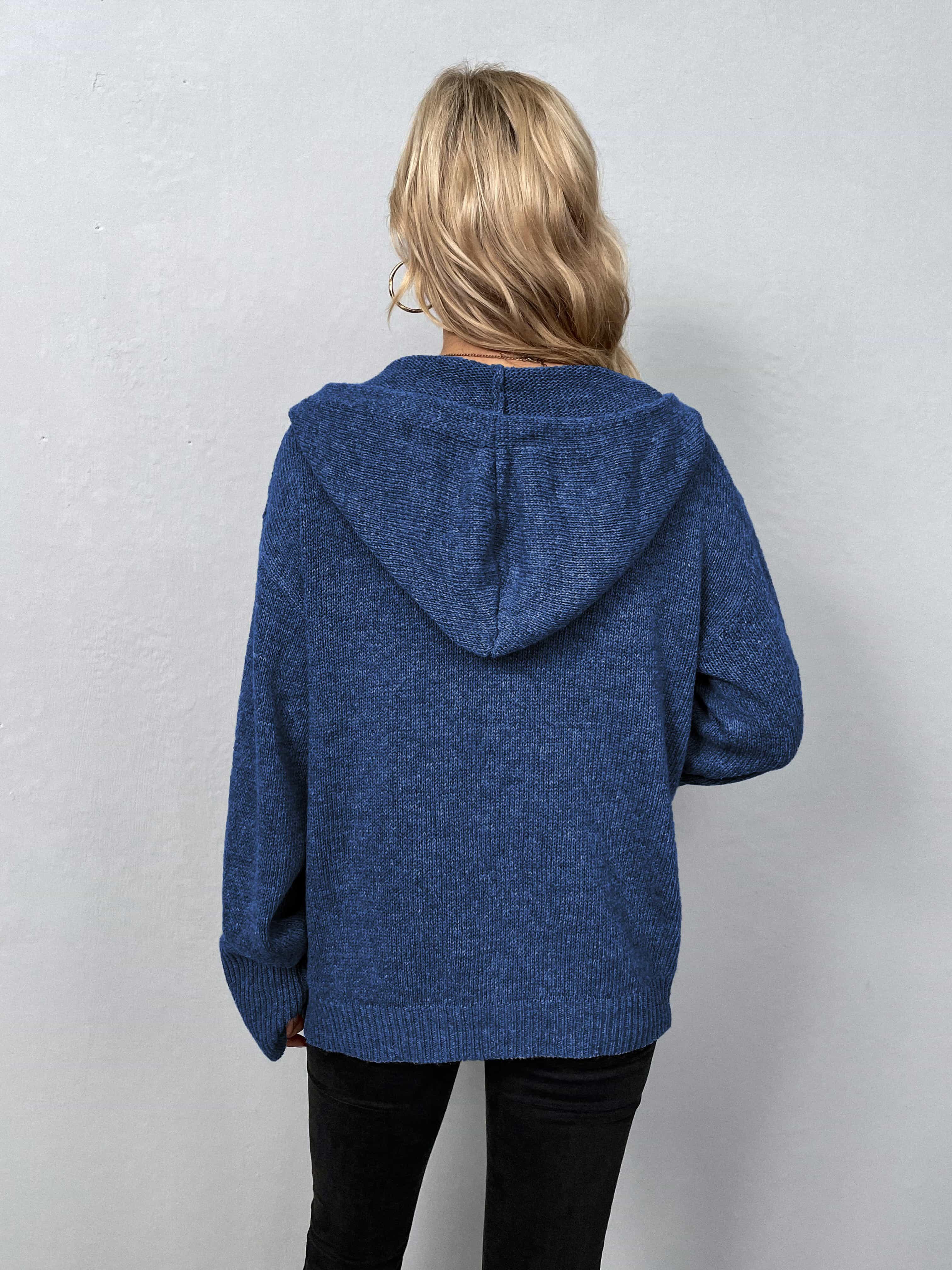 Button-Down Drawstring Long Sleeve Hooded Sweater - Sweater