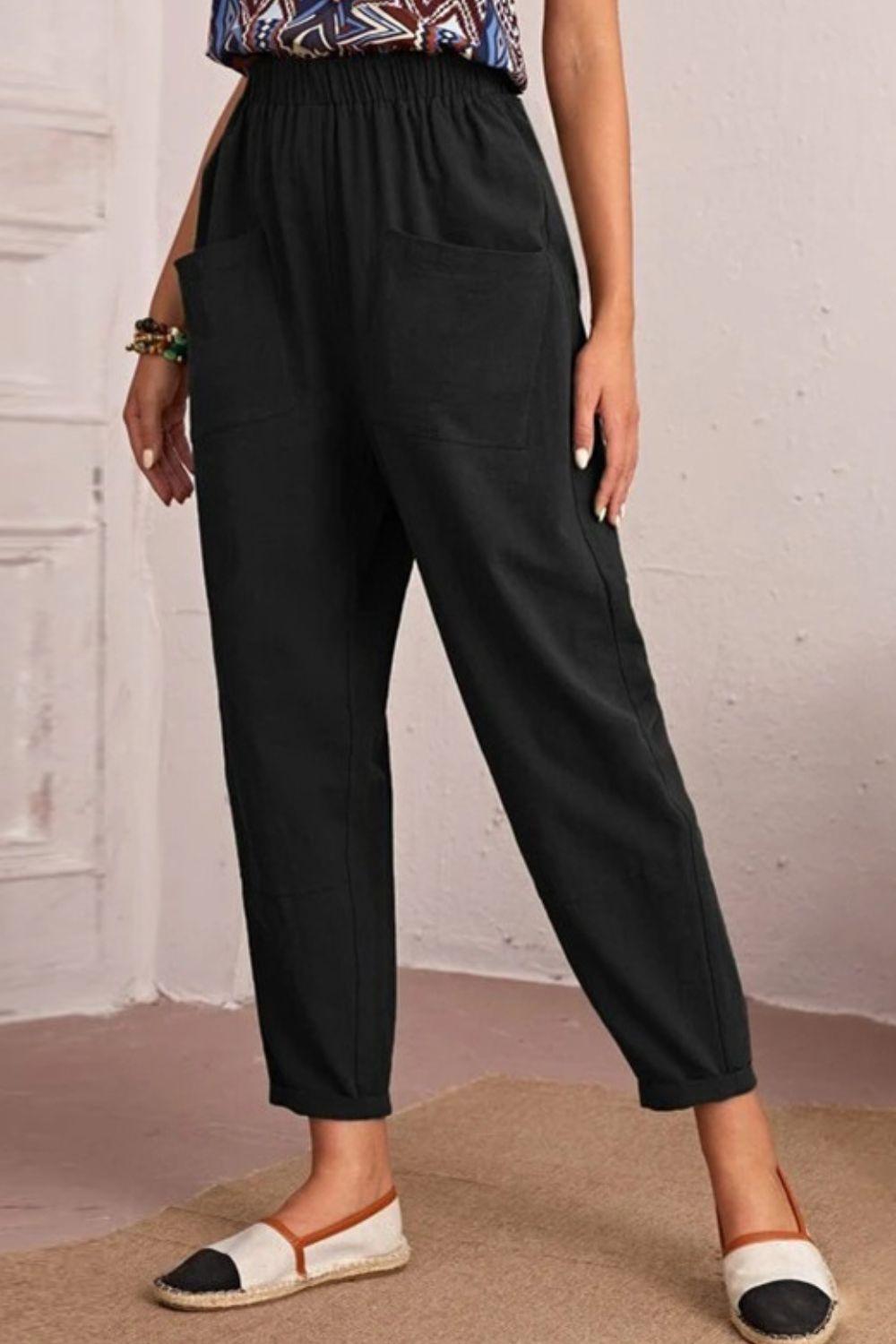 Cropped Elastic High Waist Pocket Tapered Pants - Pant