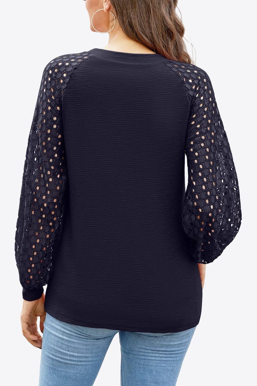 Eyelet Long Raglan Sleeve Round Neck Tee - Top