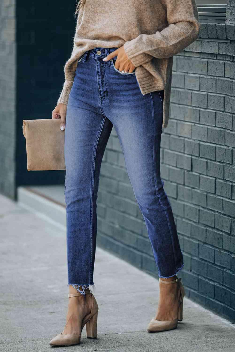 High Waist Raw Hem Skinny Jeans - Jeans