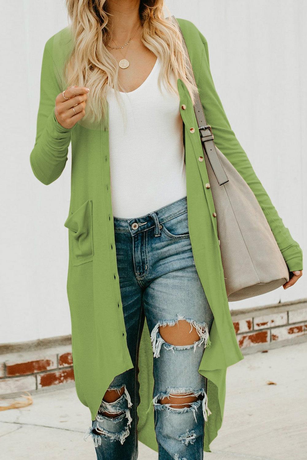 Buttoned V-Neck Long Sleeve Cardigan with Pockets - Cardigan