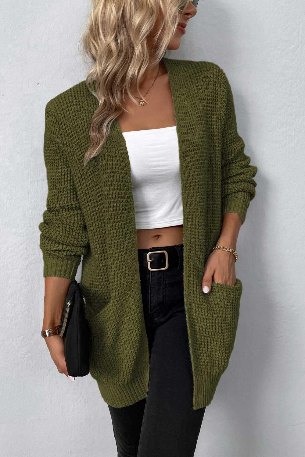 Rib-Knit Open Front Pocketed Cardigan - Cardigan