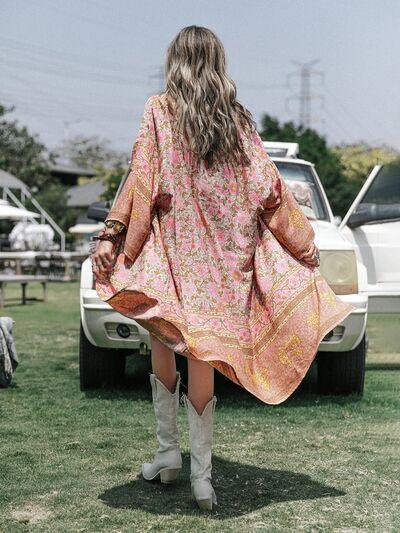 Floral Open Front Long Sleeve Kimono - Kimono