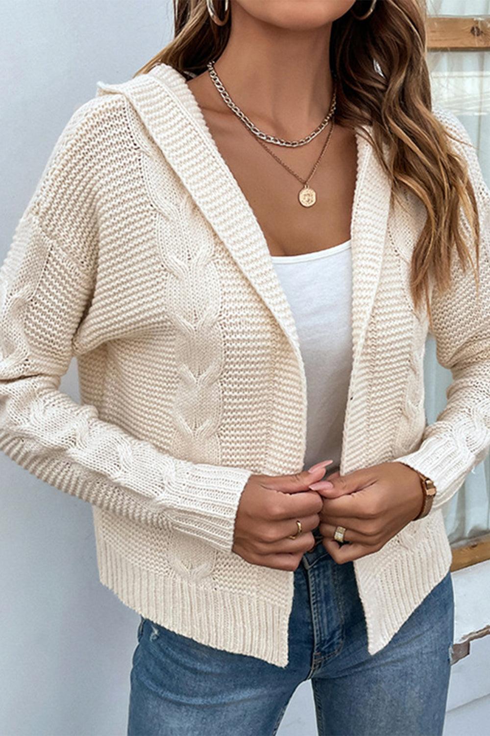 Cable-Knit Dropped Shoulder Hooded Cardigan - Cardigan