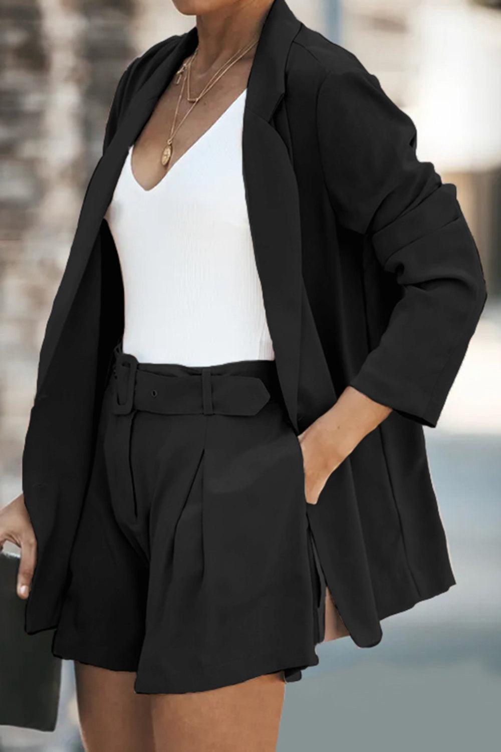 Longline Blazer and Pleated Shorts Set with Pockets - Short & Top