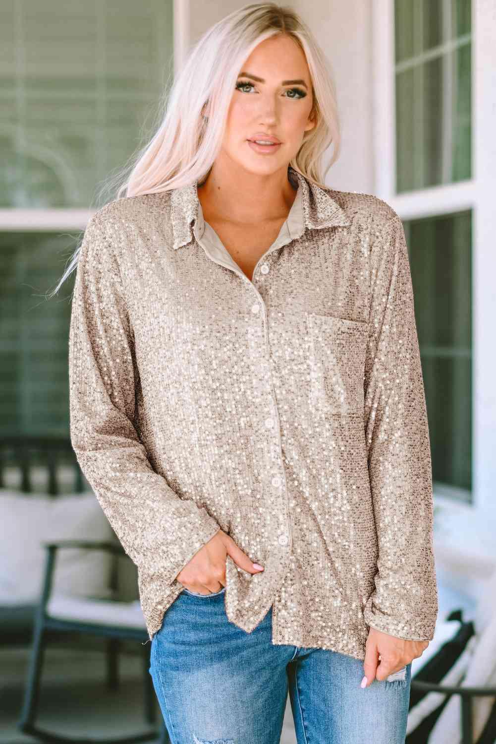 Collared Neck Long Sleeve Sequin Shirt - Shirt