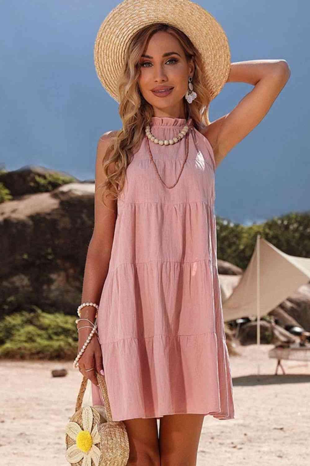 Tie Back Sleeveless Tiered Mini Dress - Dresses