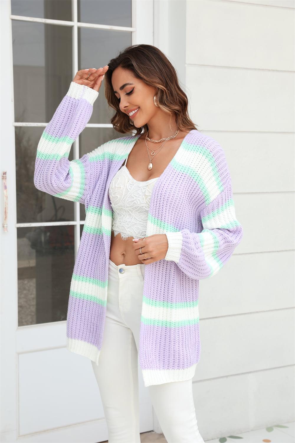 Color Block Ribbed Open Front Cardigan - Cardigan