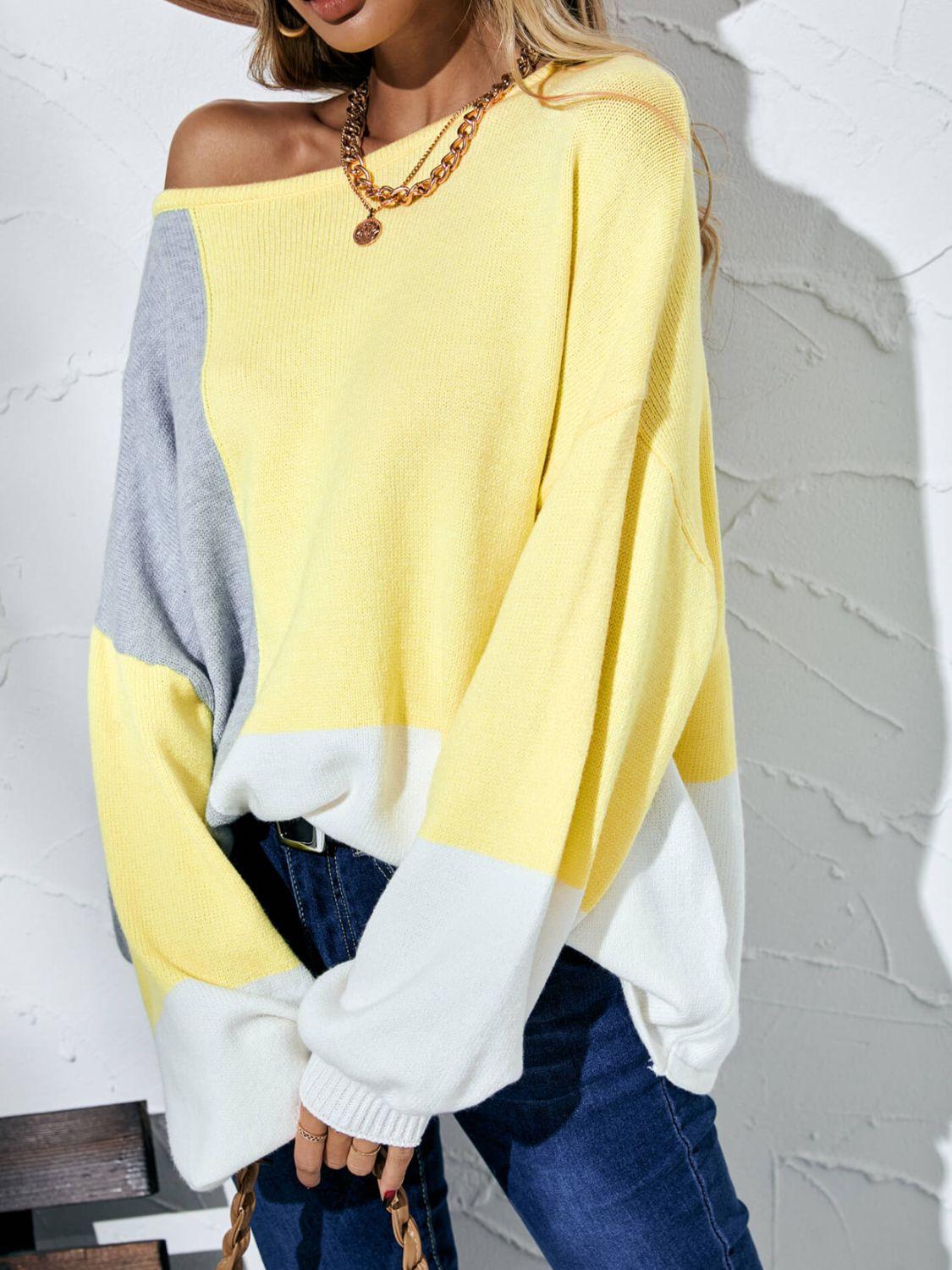 Color Block Balloon Sleeve Boat Neck Sweater - Sweater