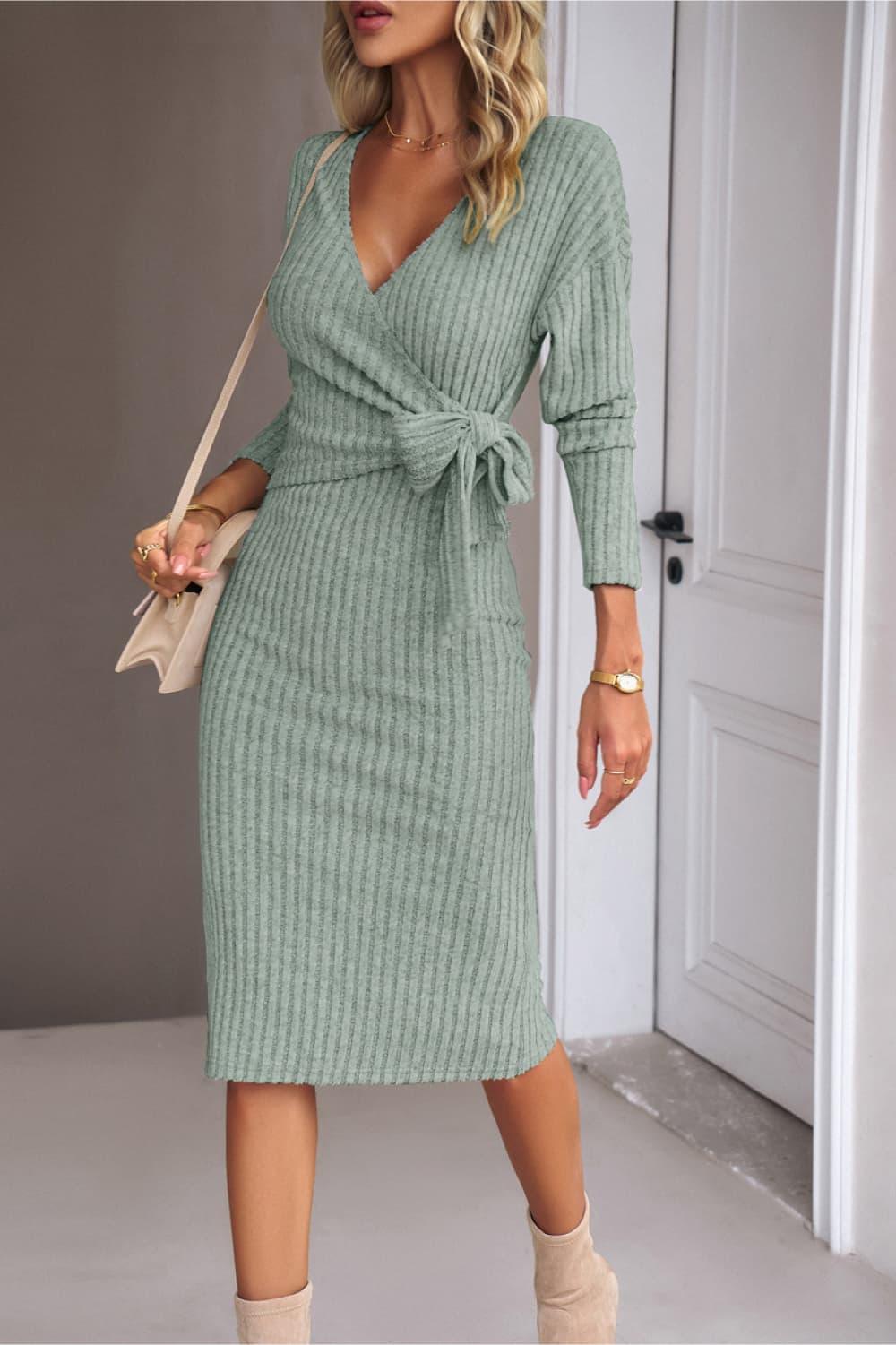 Surplice Neck Tied Ribbed Midi Dress - Dresses