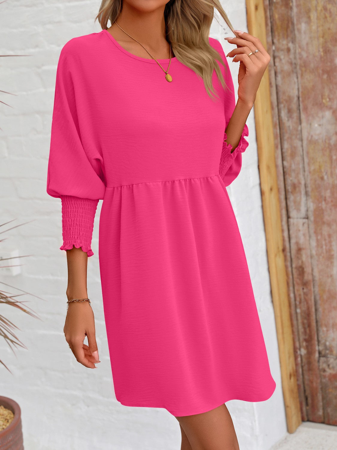 Round Neck Long Lantern Sleeve Mini Dress