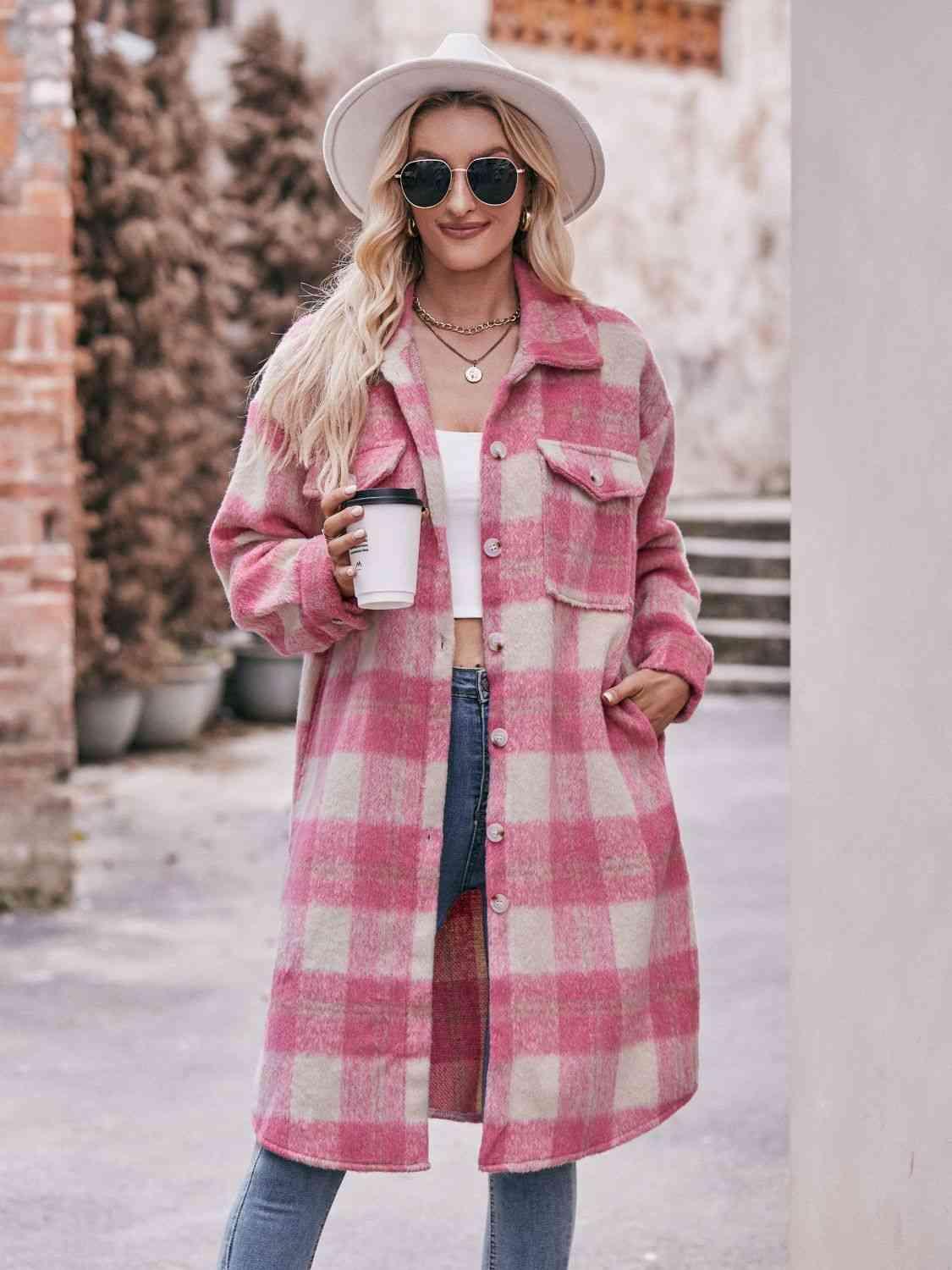 Plaid Dropped Shoulder Slit Coat - Coat