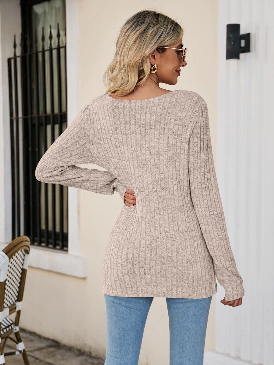 Square Neck Ribbed Long Sleeve Top - Top