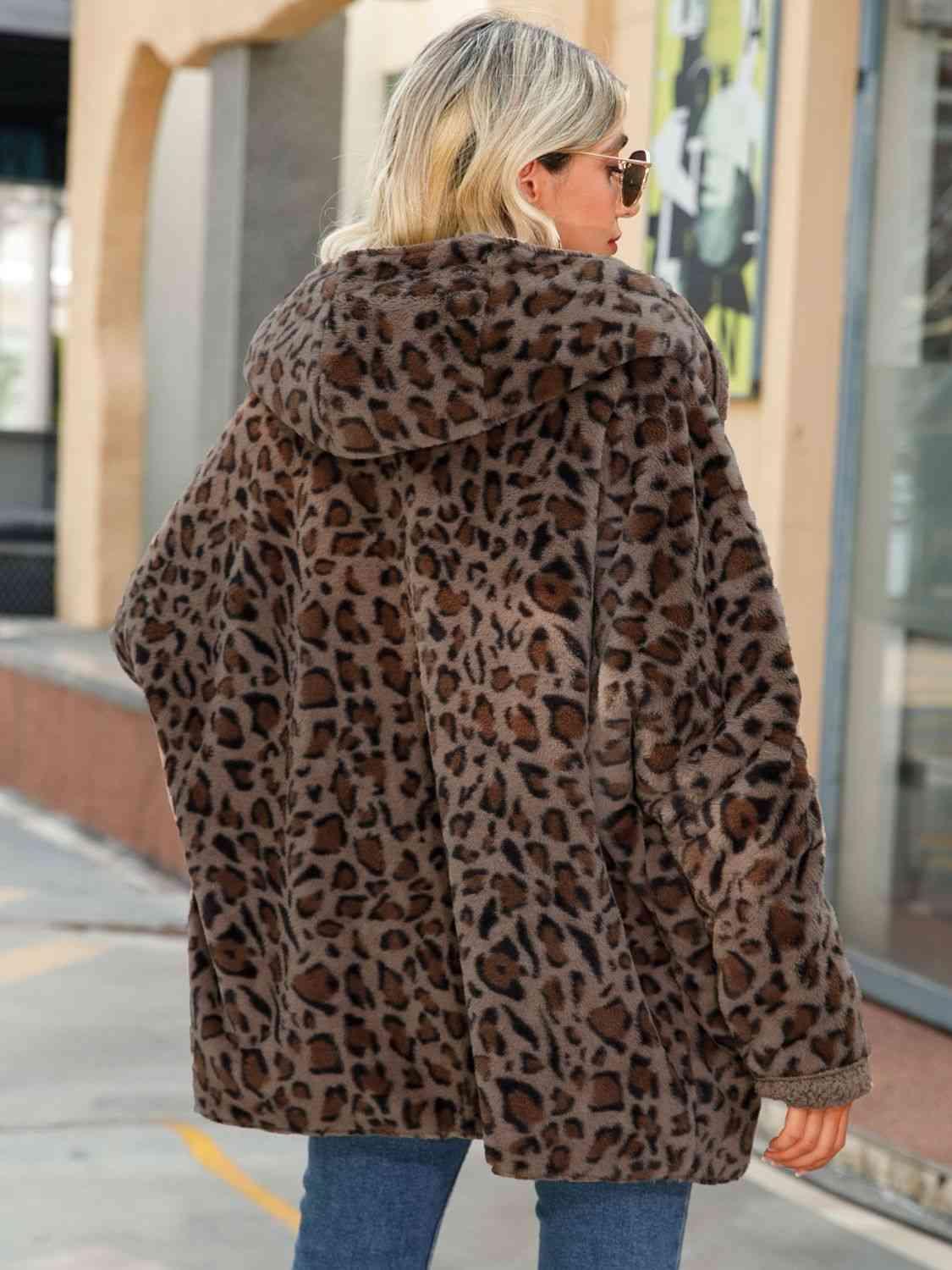 Leopard Hooded Fleece Coat - Coat