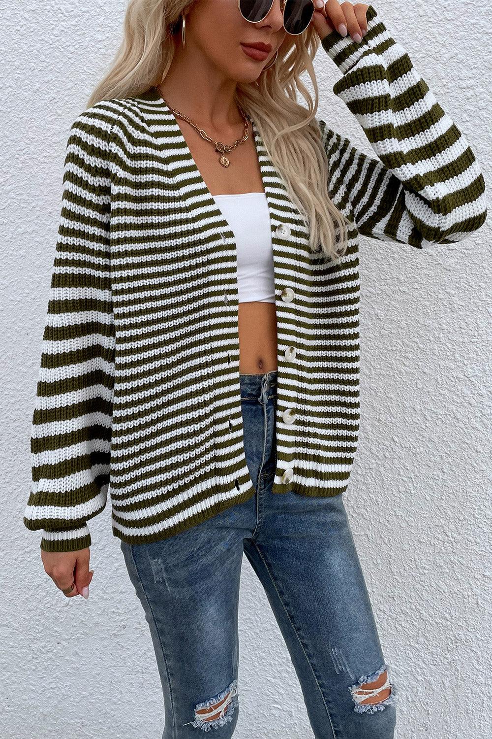 Striped V-Neck Button-Down Long Sleeve Cardigan - Cardigan