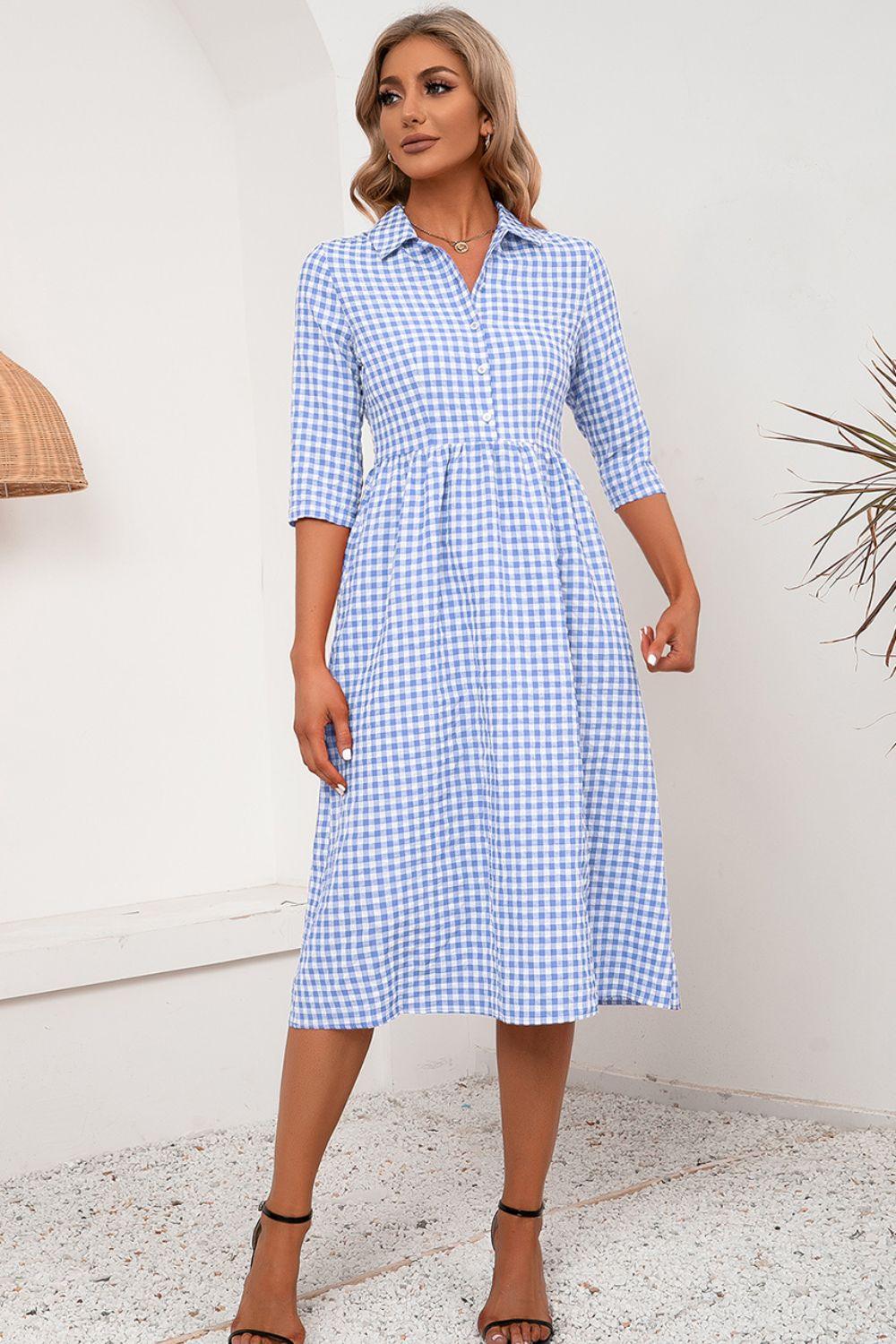 Plaid Collared Neck Midi Dress - Dresses