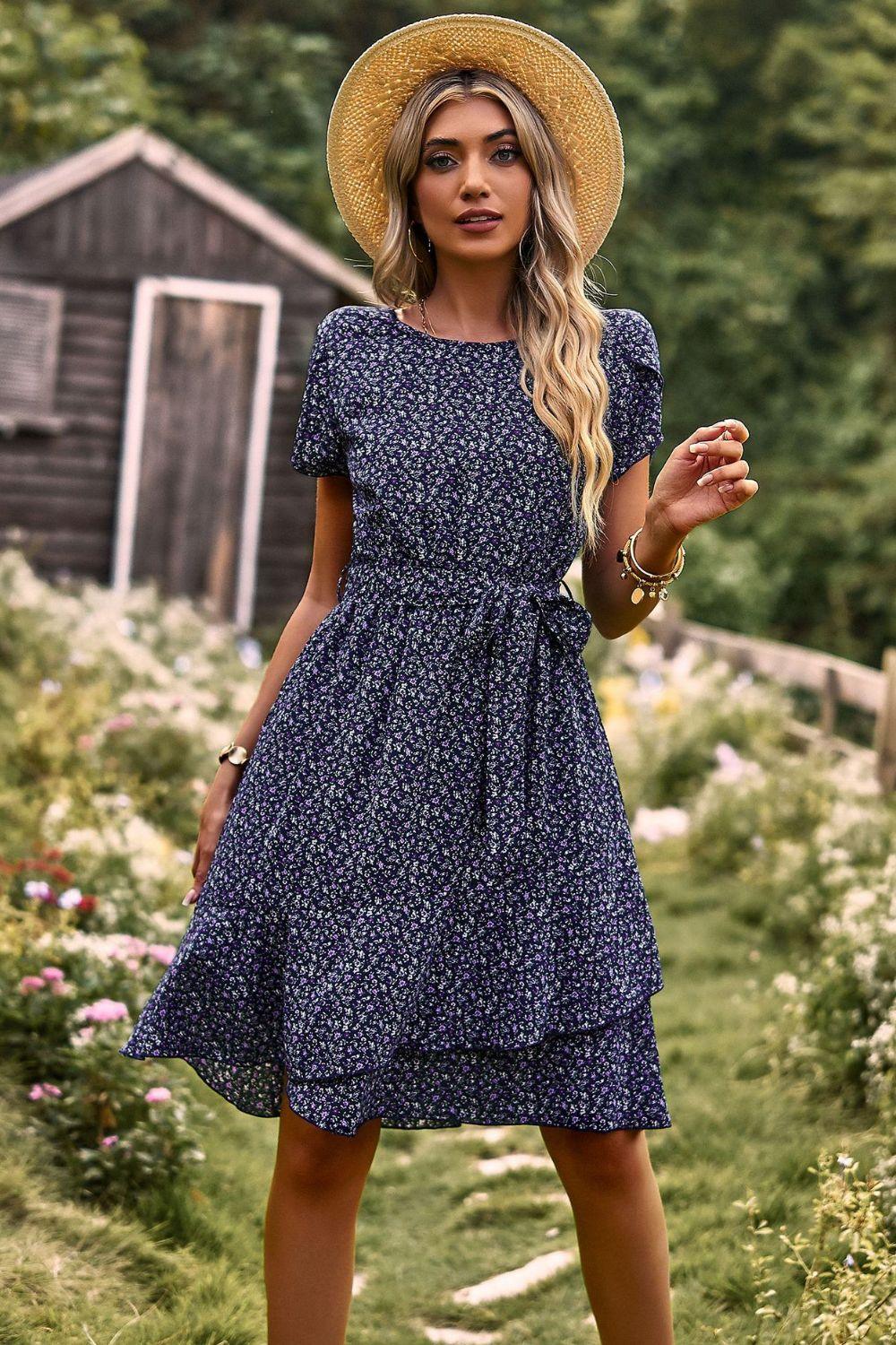 Belted Round Neck Petal Sleeve Knee-Length Dress - Dresses