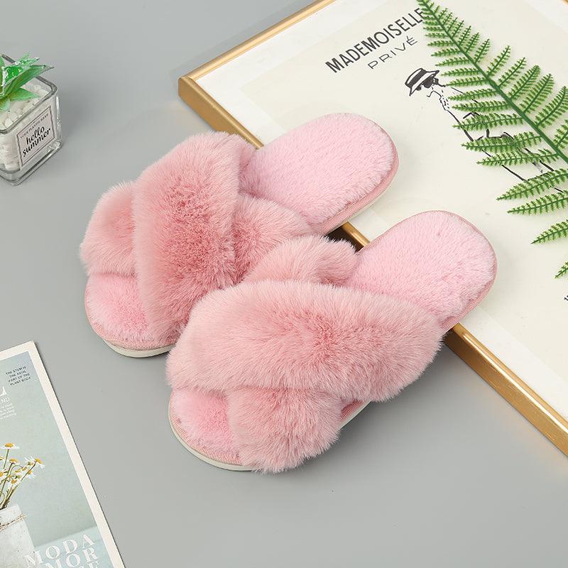 Faux Fur Crisscross Strap Slippers - Slippers