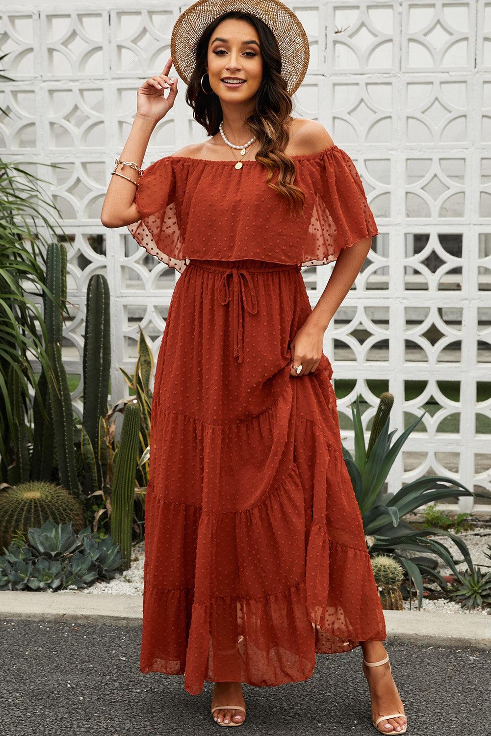 Swiss Dot Off-Shoulder Tiered Maxi Dress - Dresses