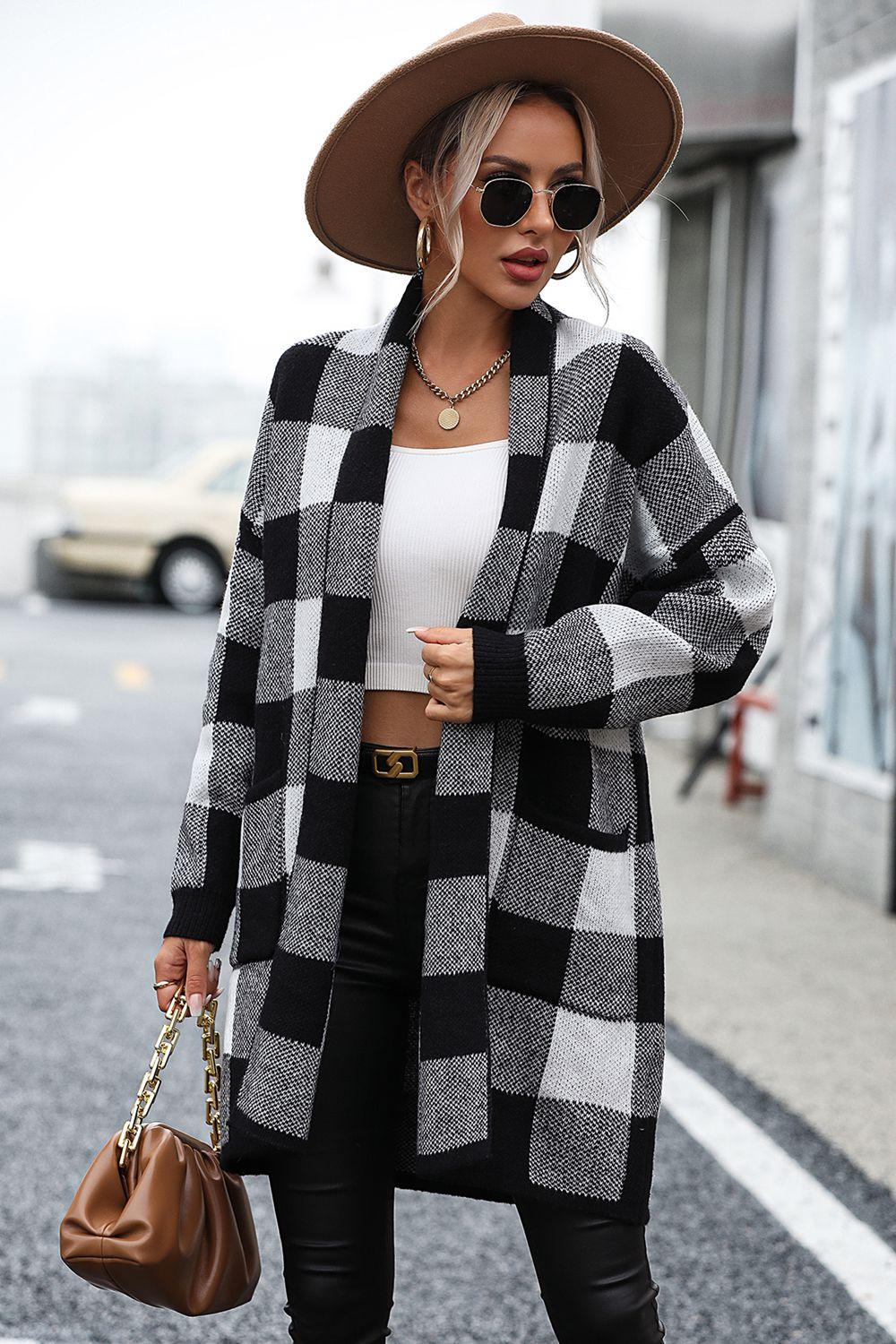 Checkered Open Front Longline Cardigan - Cardigan