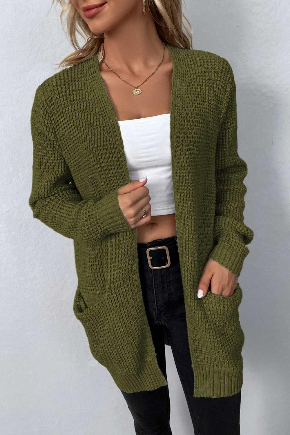 Rib-Knit Open Front Pocketed Cardigan - Cardigan