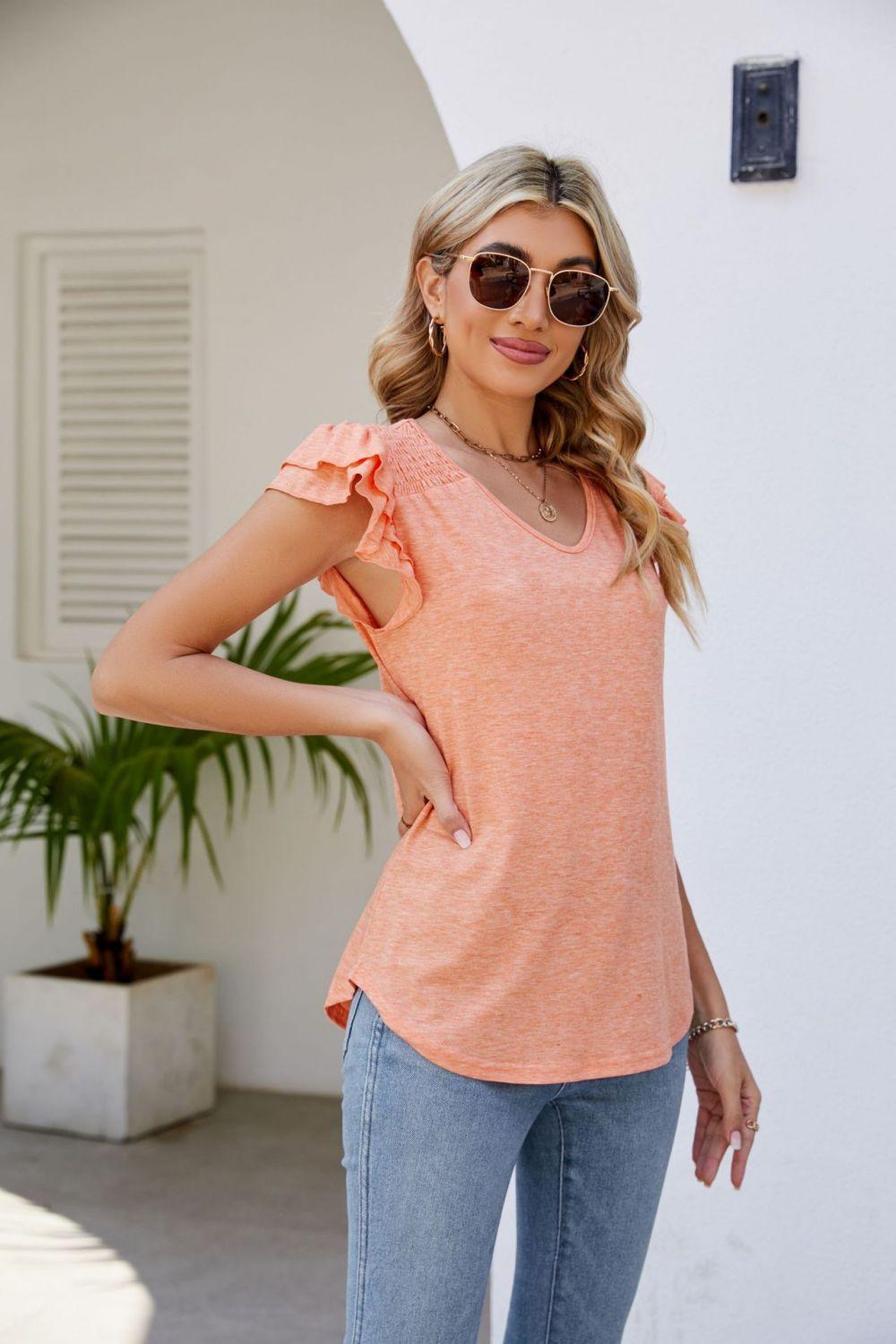 Smocked Layered Ruffle Flutter Sleeve V-Neck Top - Top