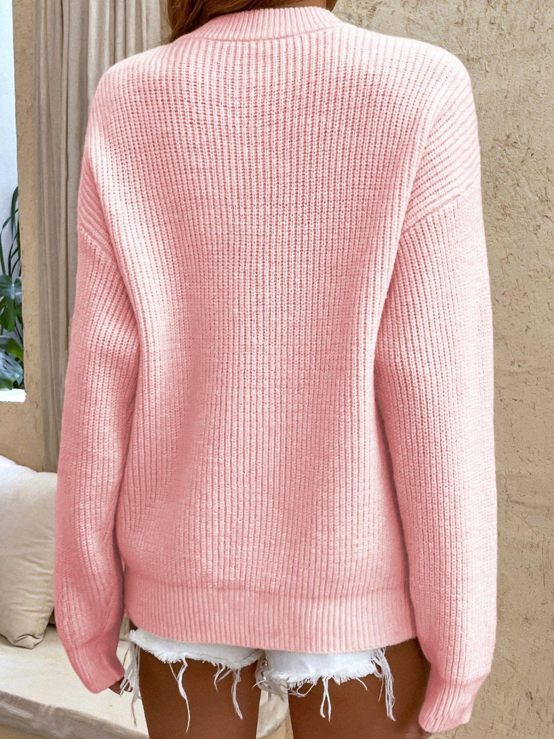 Round Neck Ribbed Button-Down Sweater - Sweater