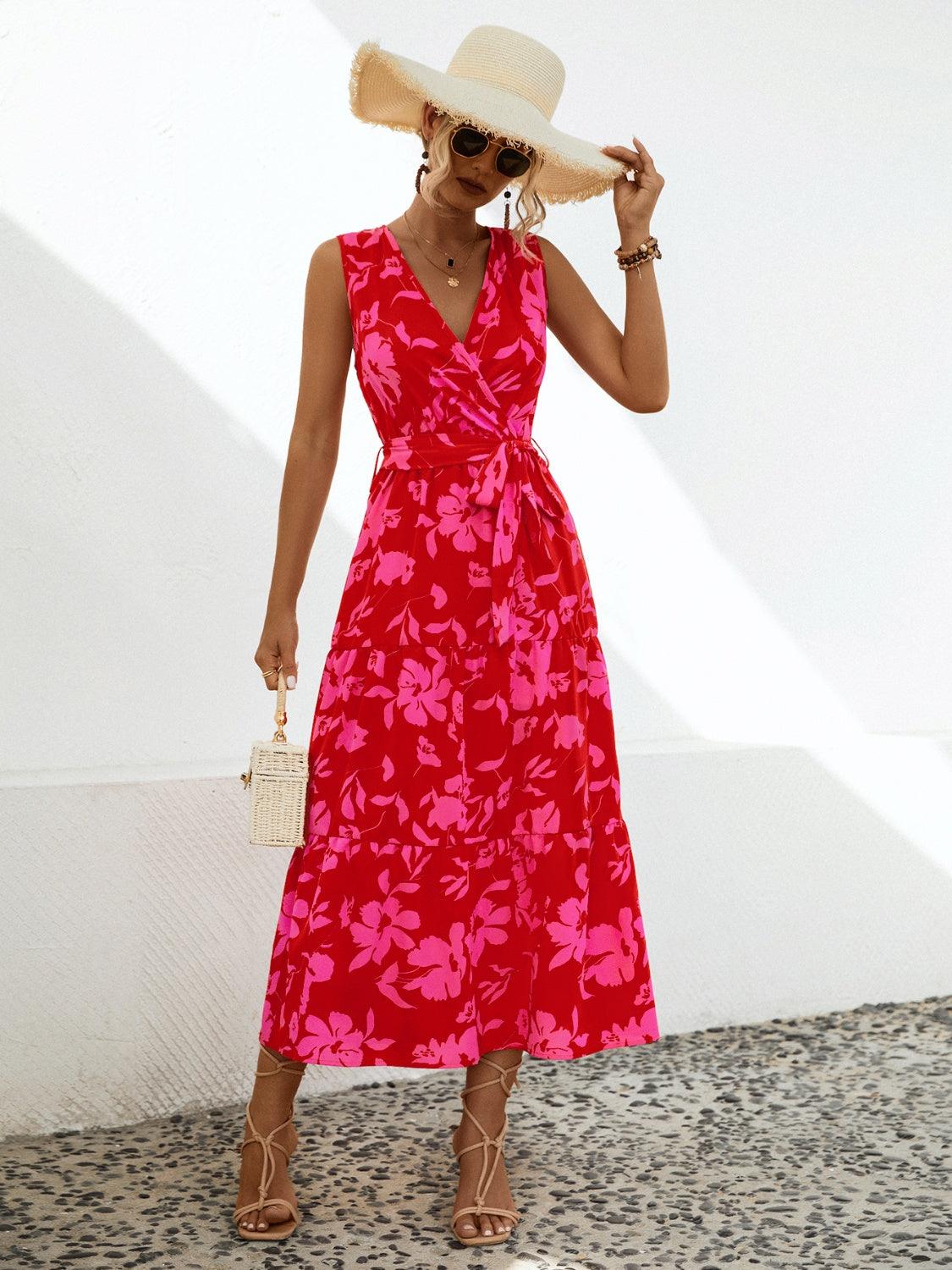 Tied Floral Surplice Tiered Midi Dress - Dresses