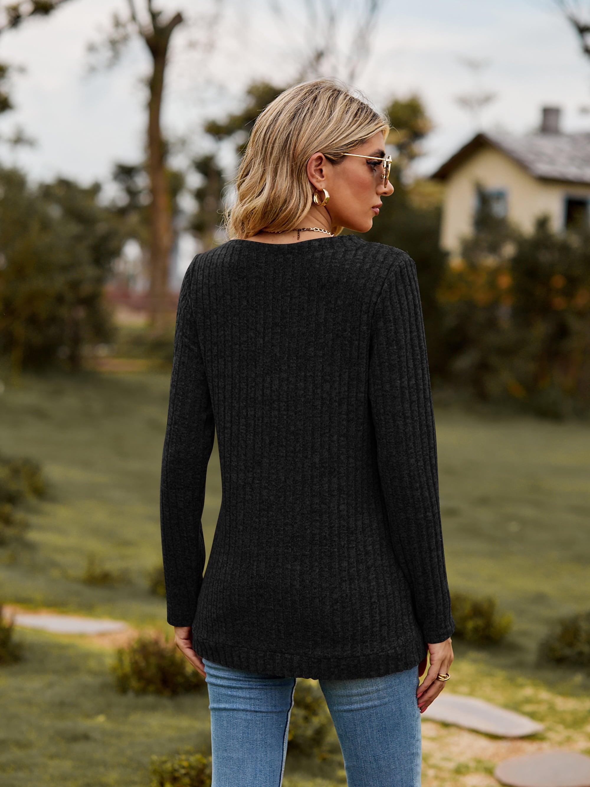 Ribbed V-Neck Long Sleeve Top - Top