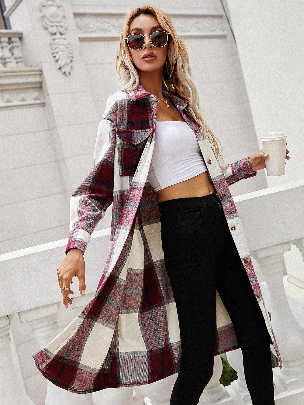 Plaid Longline Shirt Jacket With Pockets - Jacket