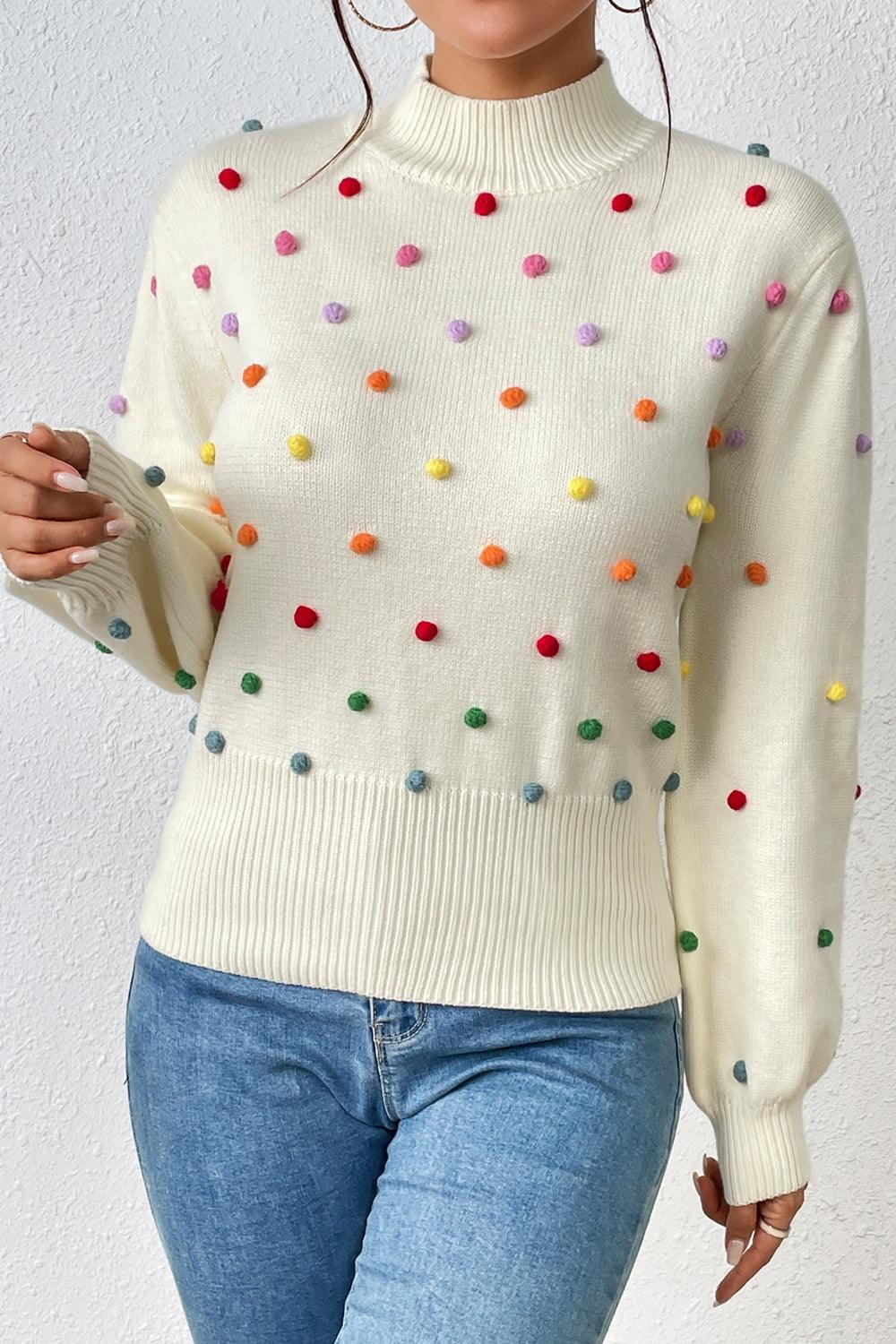 Pom-Pom Trim Mock Neck Long Sleeve Pullover Sweater - Sweater