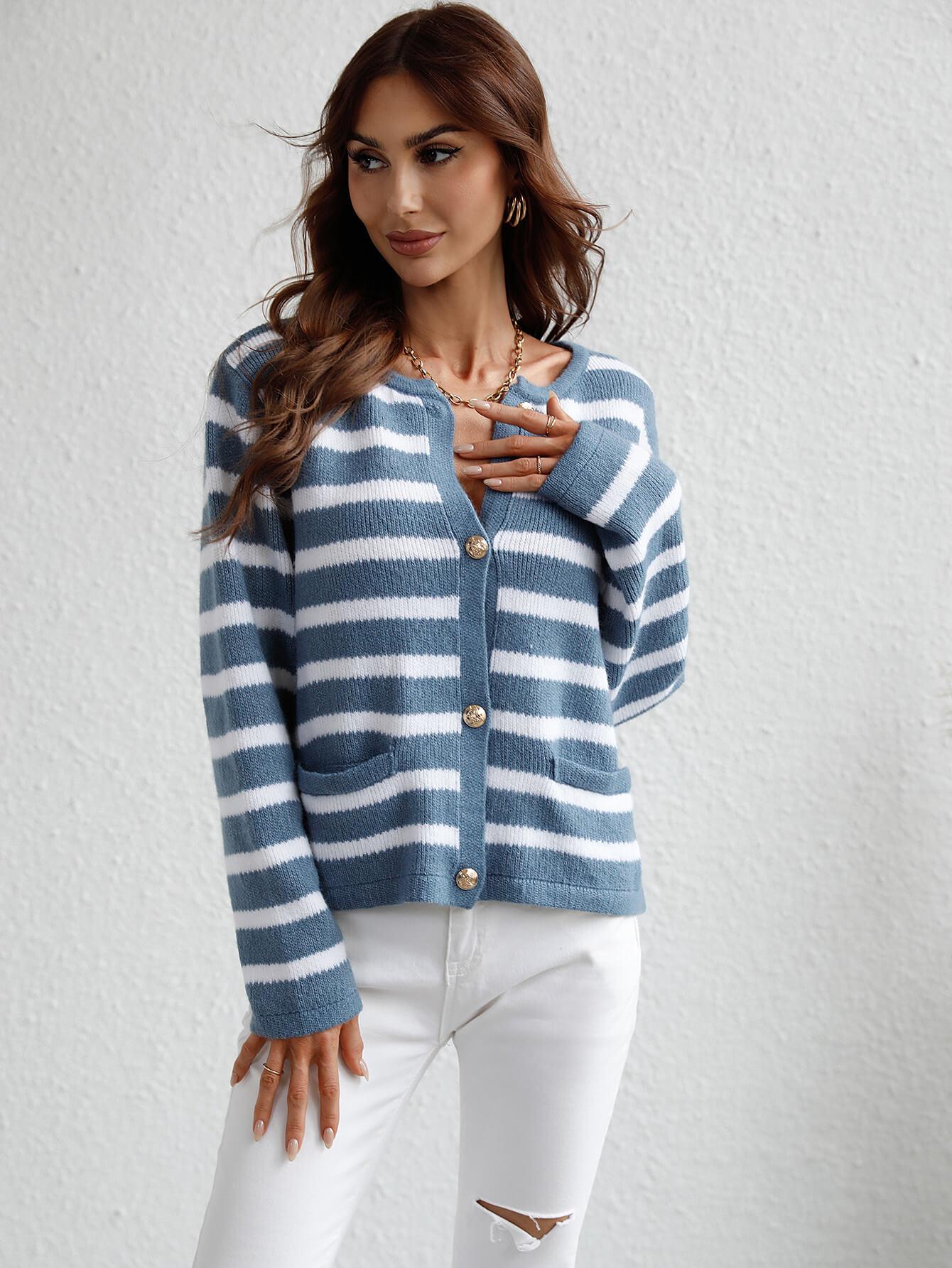 Woven Right Striped Button Front Cardigan - Cardigan