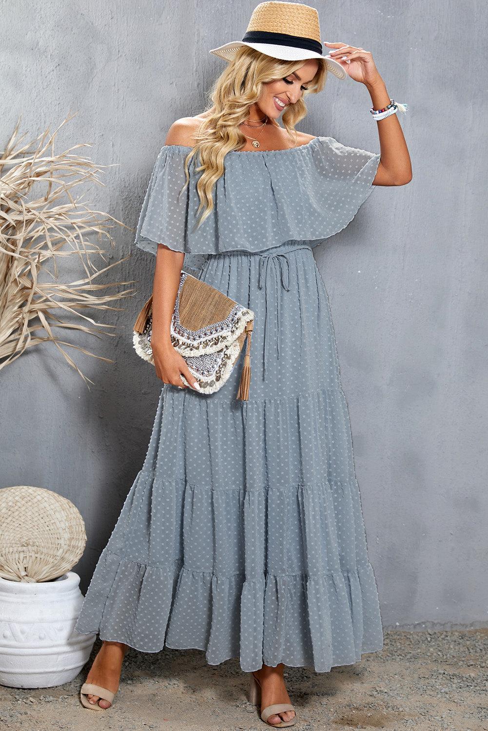 Swiss Dot Off-Shoulder Tiered Maxi Dress - Dresses