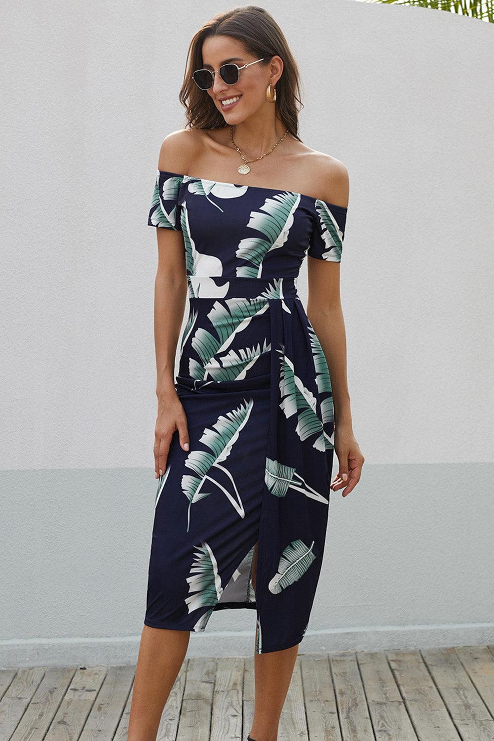 Off-Shoulder Split Midi Dress - Dresses