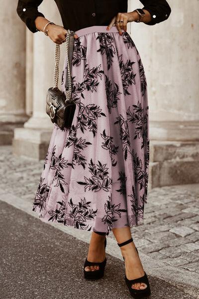 Floral Embroidered High Waist Chiffon Midi Skirt - Skirt