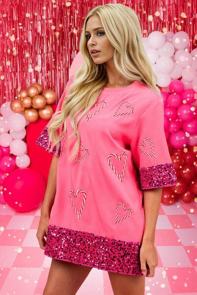 Heart Candy Cane Sequin Half Sleeve Top - Top