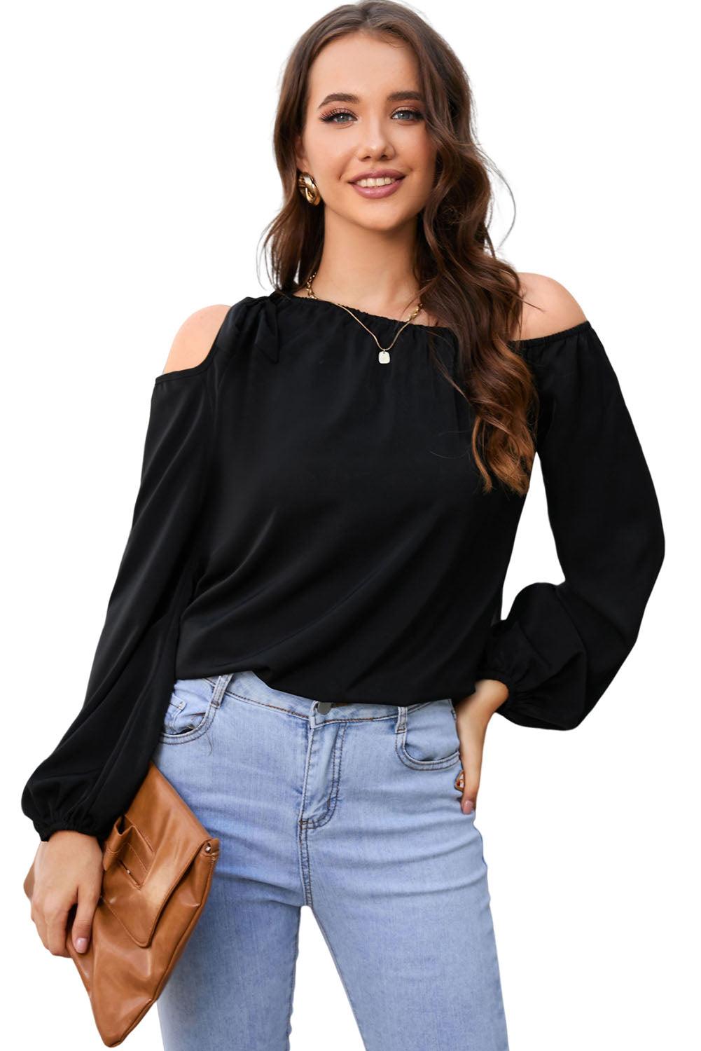 Double Take Tied Asymmetrical Neck Cold-Shoulder Top - Top