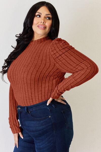 Basic Bae Full Size Ribbed Mock Neck Puff Sleeve Top - Top