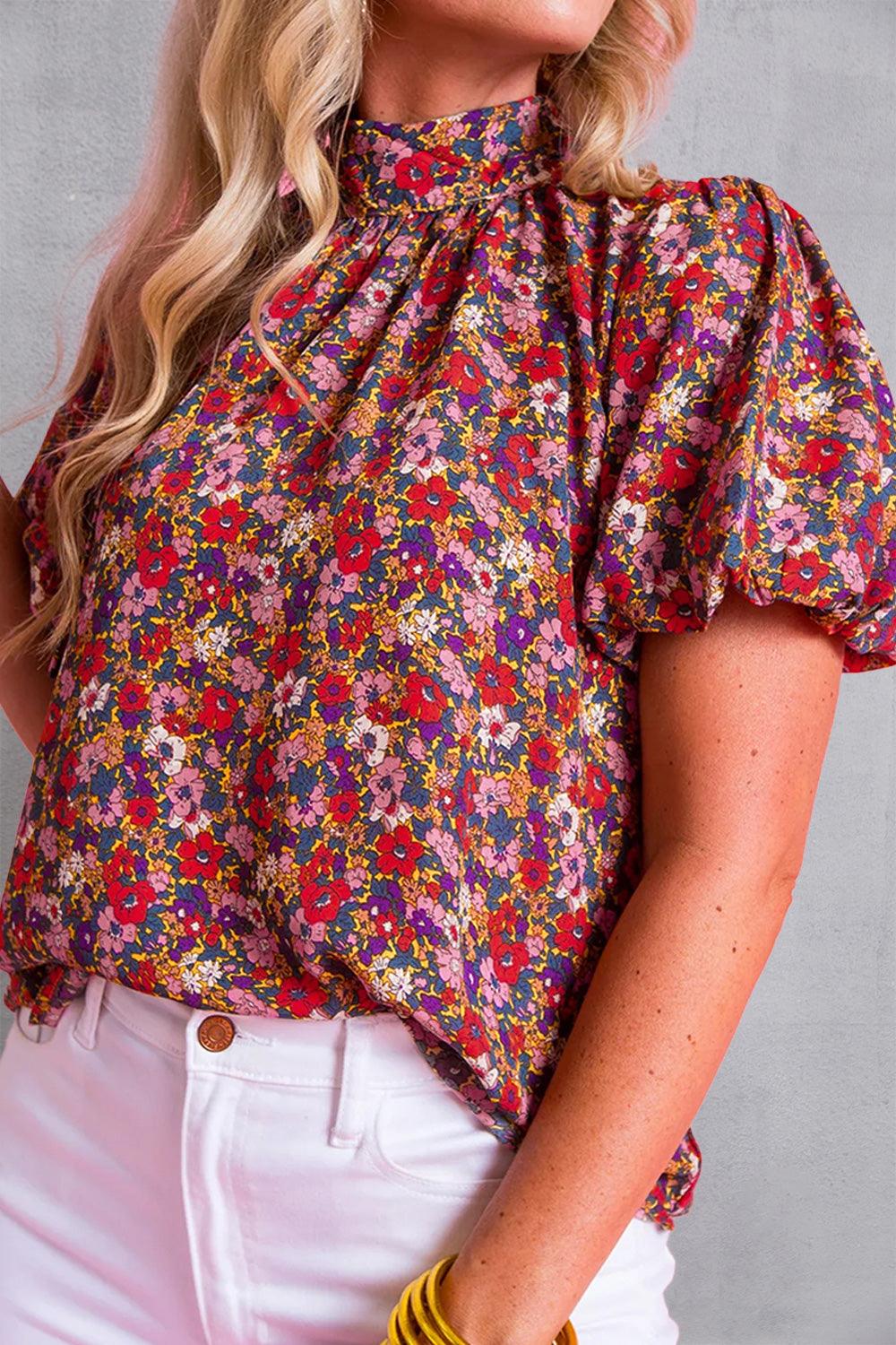 Floral Mock Neck Short Sleeve Top - Top