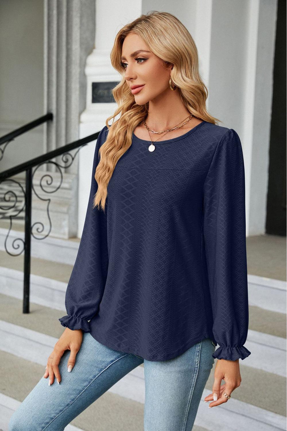 Round Neck Long Flounce Sleeve Top - Top