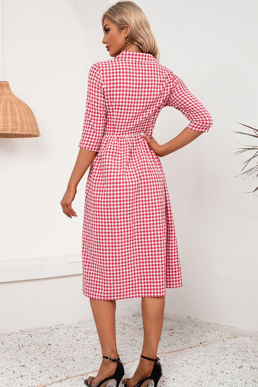 Plaid Collared Neck Midi Dress - Dresses