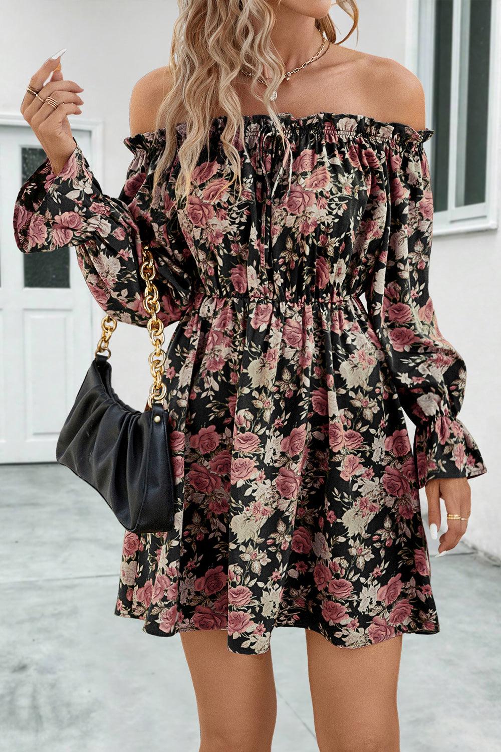 Floral Off-Shoulder Flounce Sleeve Dress - Dresses