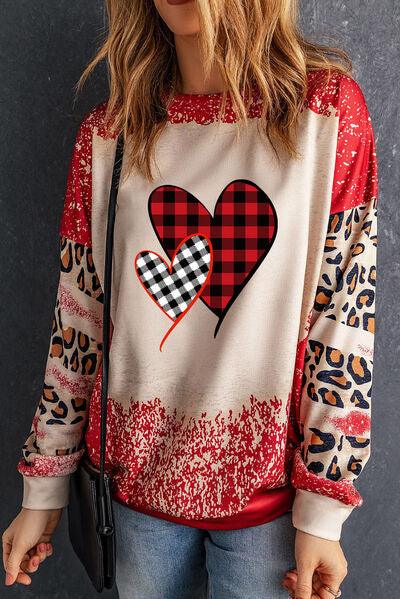 Heart Leopard Round Neck Sweatshirt - Sweatshirt