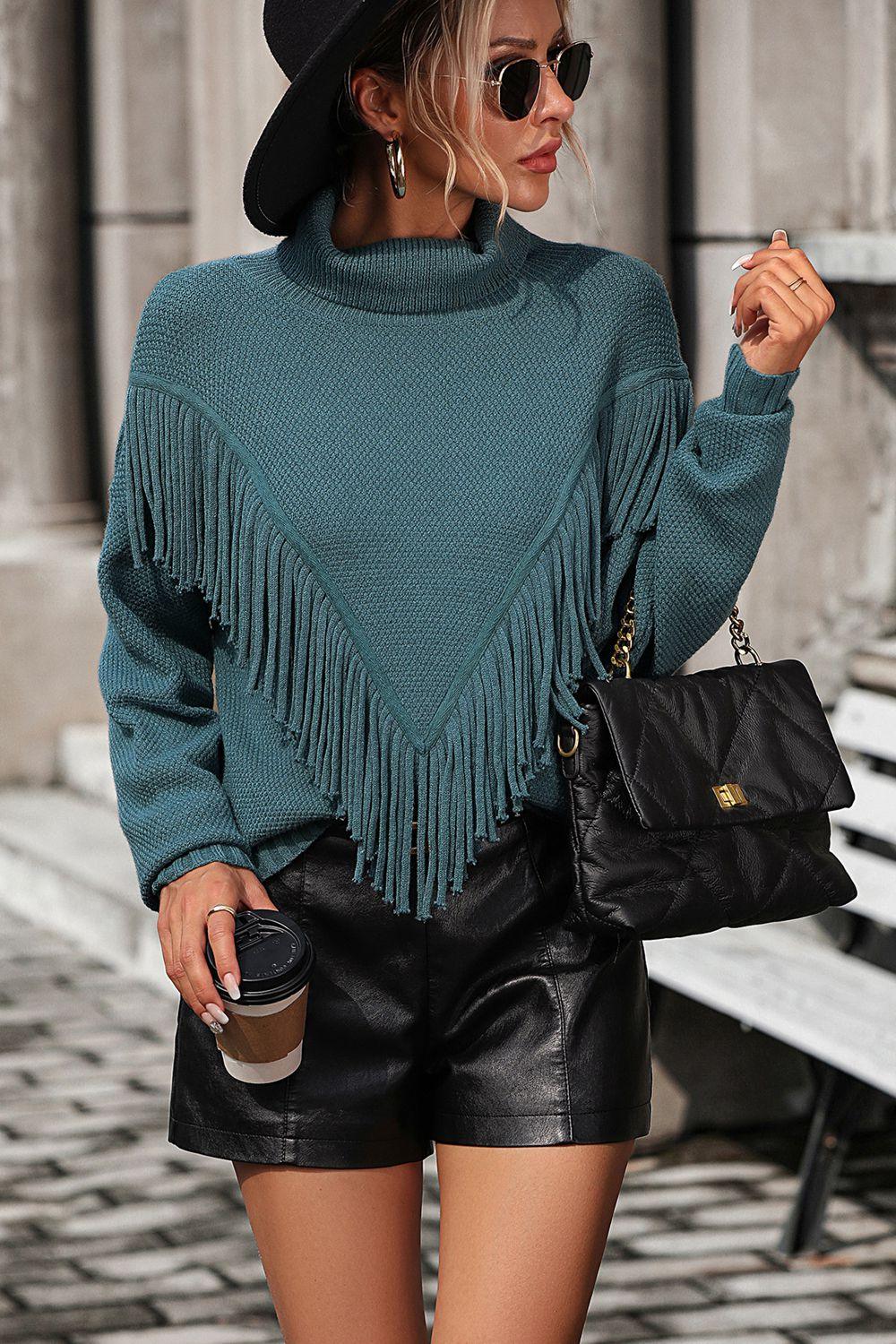 Turtle Neck Tassel Front Long Sleeve Sweater - Sweater