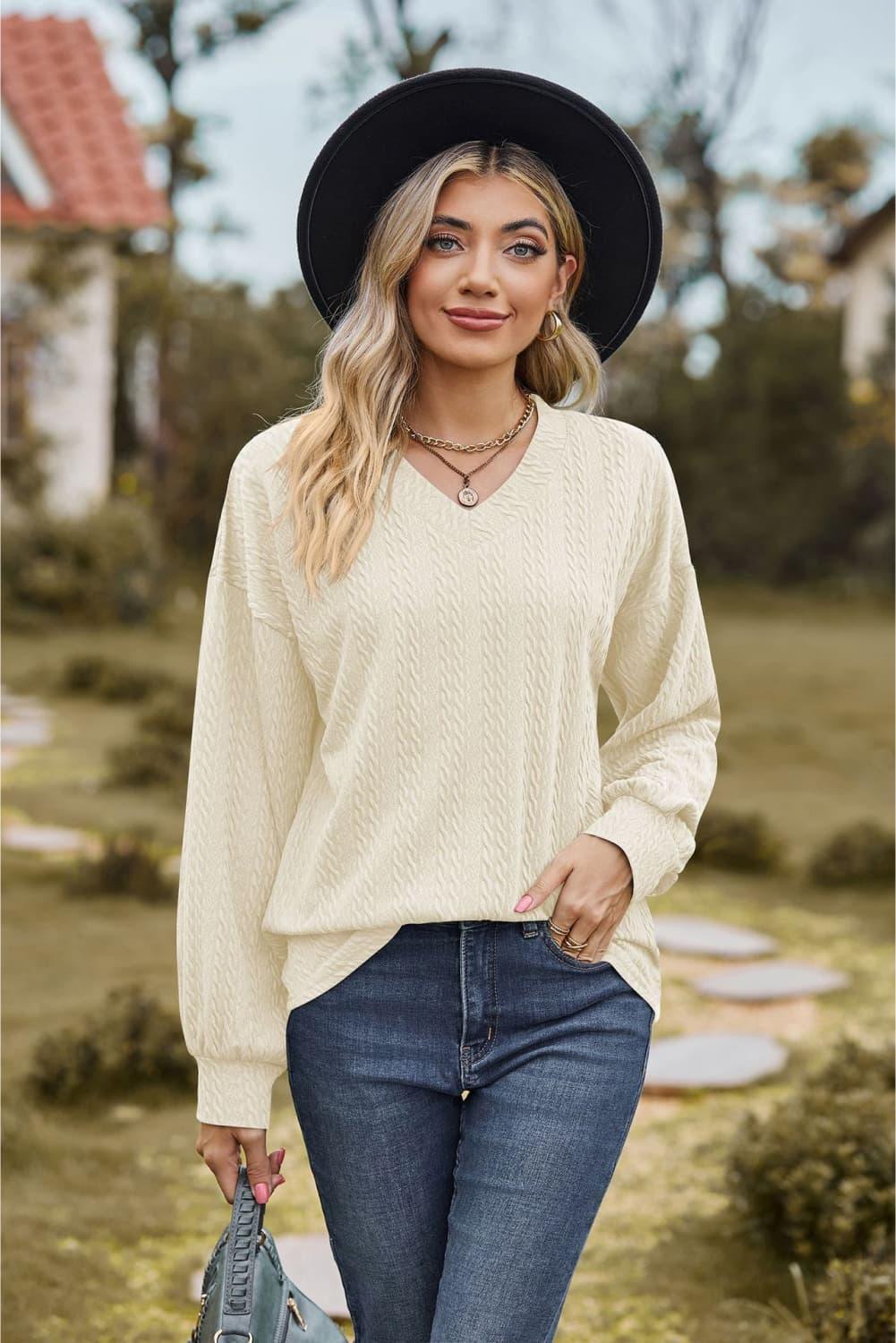 V-Neck Dropped Shoulder Long Sleeves Top - Top