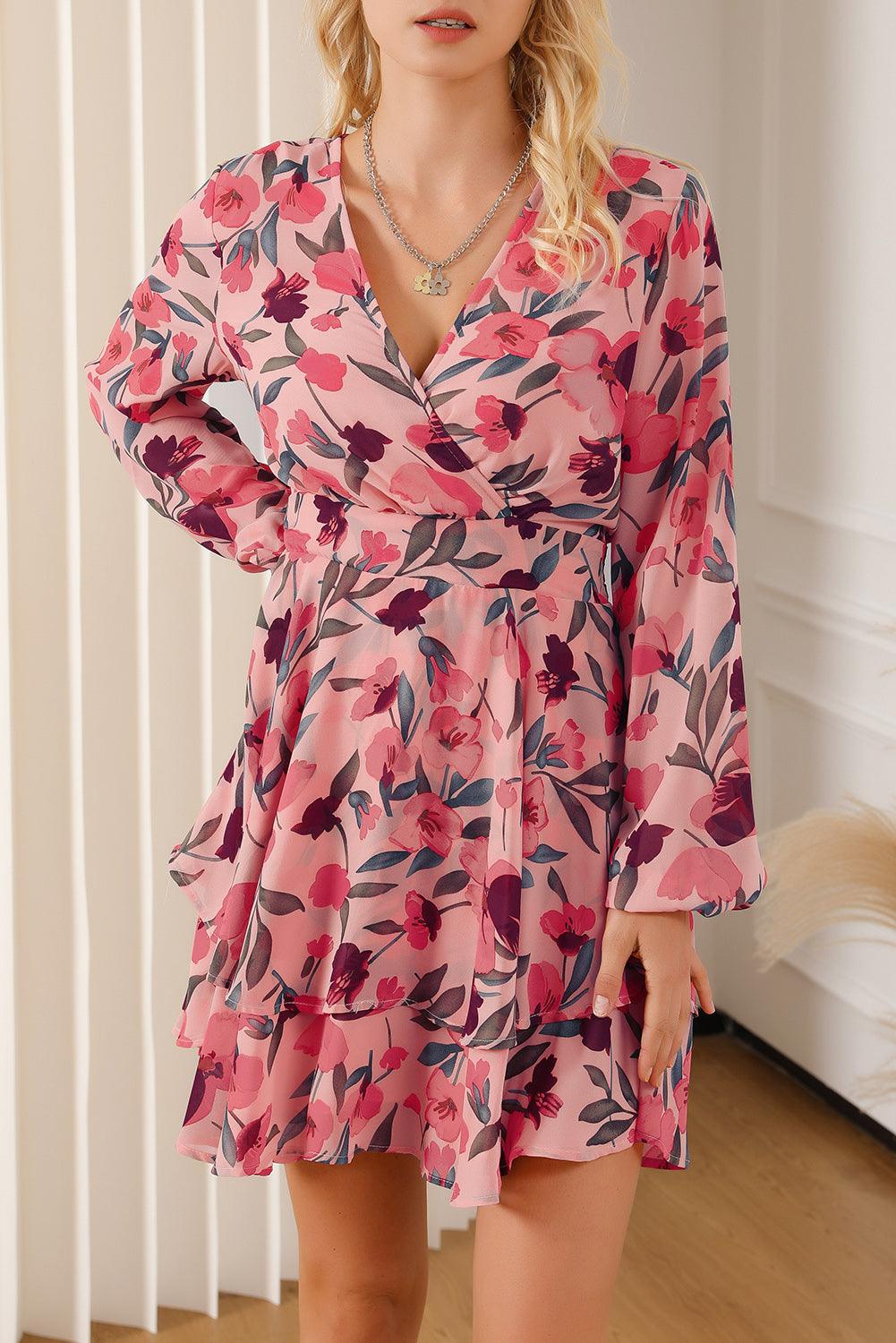 Floral Surplice Balloon Sleeve Mini Dress - Dresses