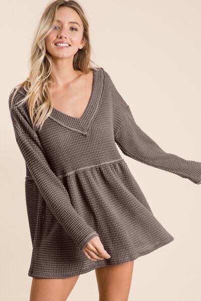 BiBi Waffle Knit V-Neck Babydoll Top - Top