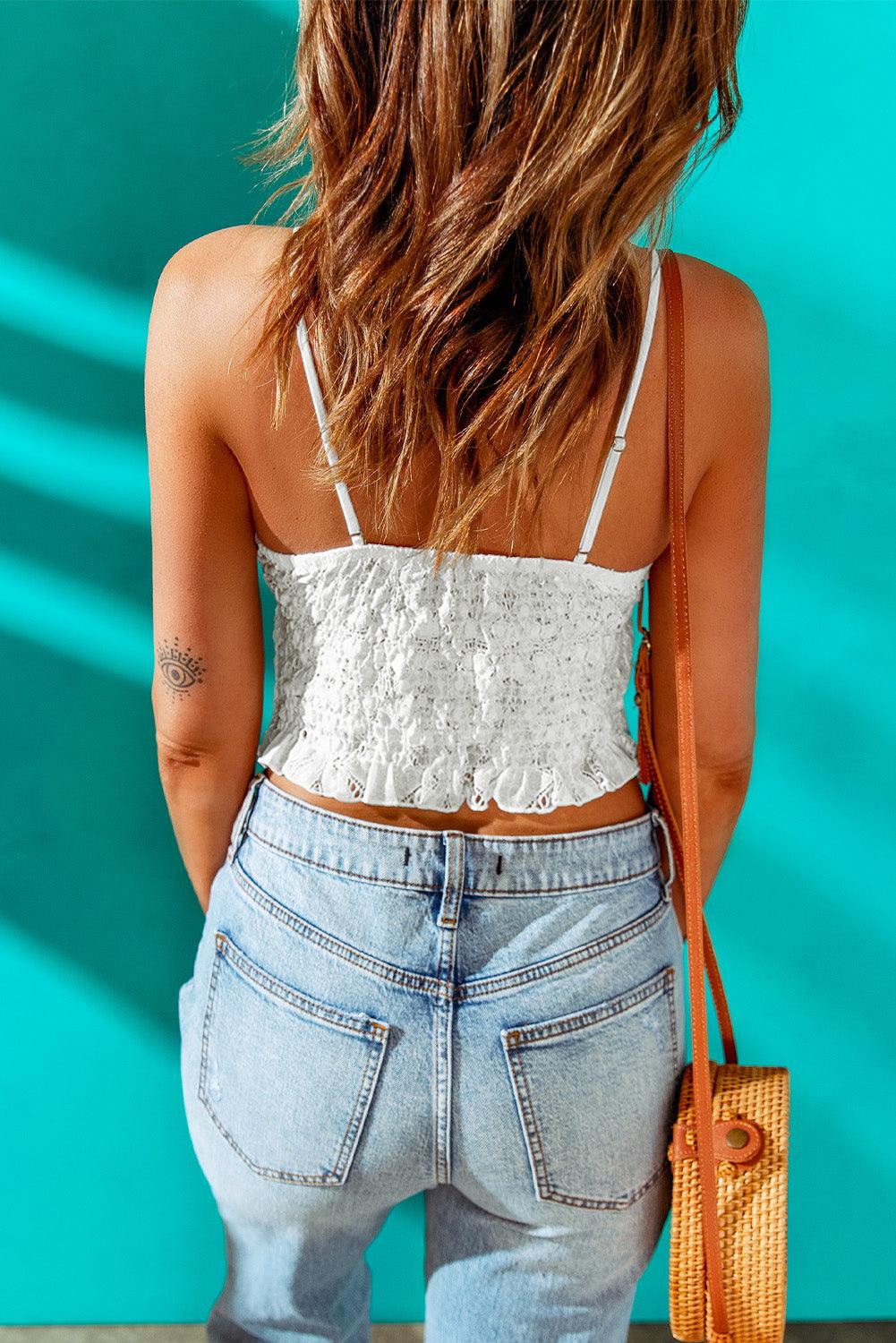 V-Neck Spaghetti Straps Lace Crop Top - Crop Top